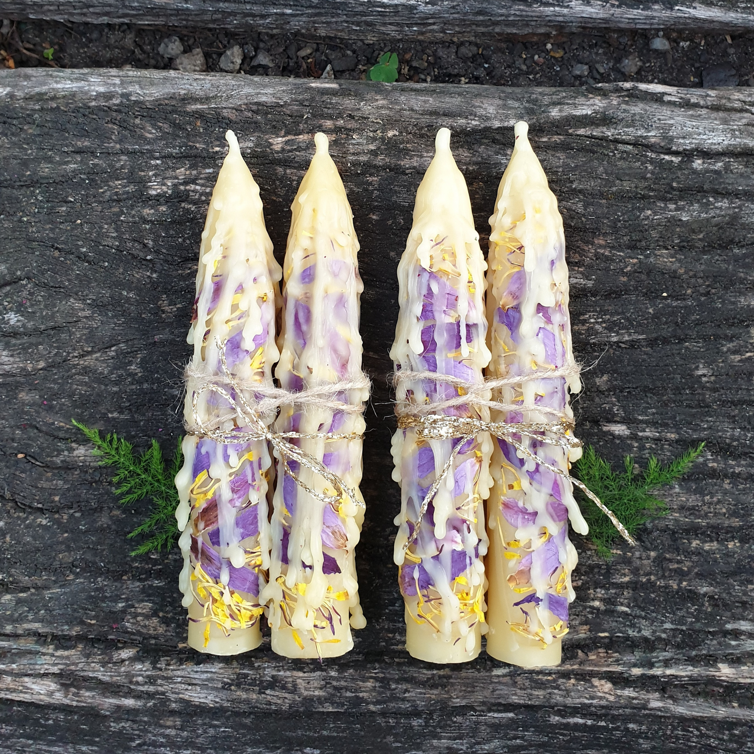 One Pair of Blue Lotus 6hr Taper Beeswax Candles. Australian Beeswax and Organic Blue Lotus Petals. Spiritual Gift Shop, Austrlalia. Boundless and Free.