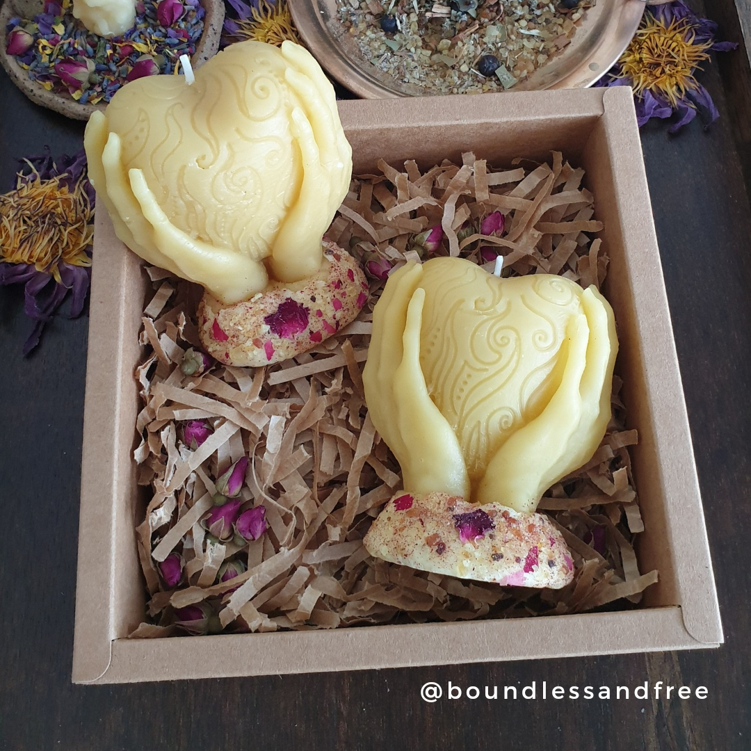 'Heart in Hands' Beeswax Candle with Sacred Rose & Resins